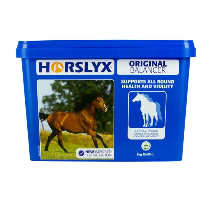 Blue Horslyx Original Balancer supplement container with a horse on a white background