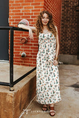 Lucky & Blessed Crème Midi-jurk met Cactus- en Cowboyprint
