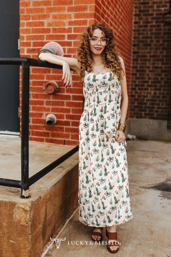 Lucky & Blessed Crème Midi-jurk met Cactus- en Cowboyprint