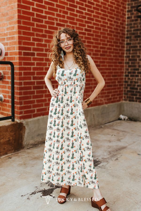 Lucky & Blessed Crème Midi-jurk met Cactus- en Cowboyprint