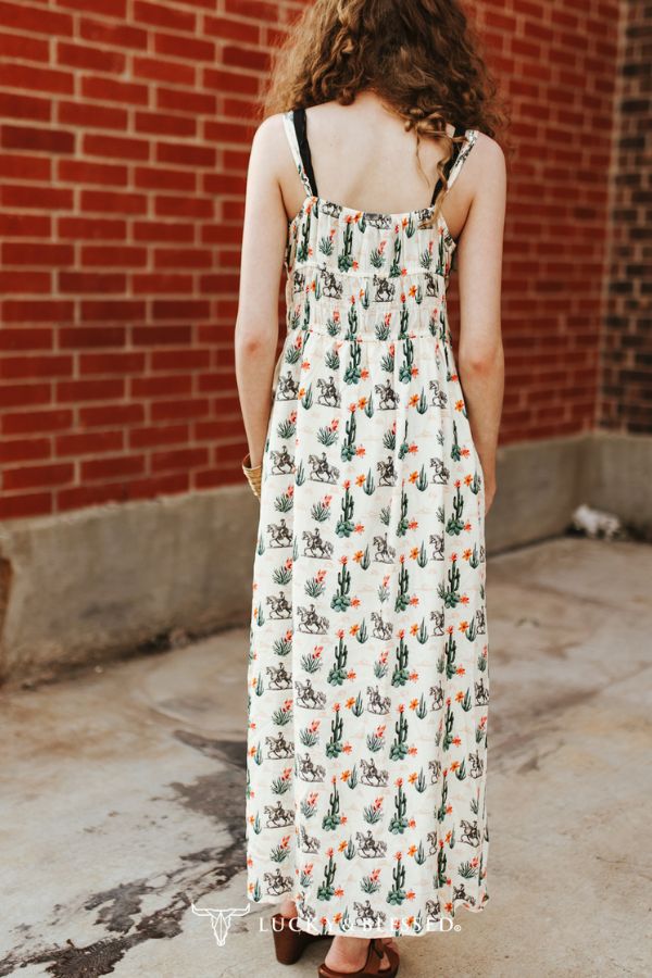 Lucky & Blessed Crème Midi-jurk met Cactus- en Cowboyprint
