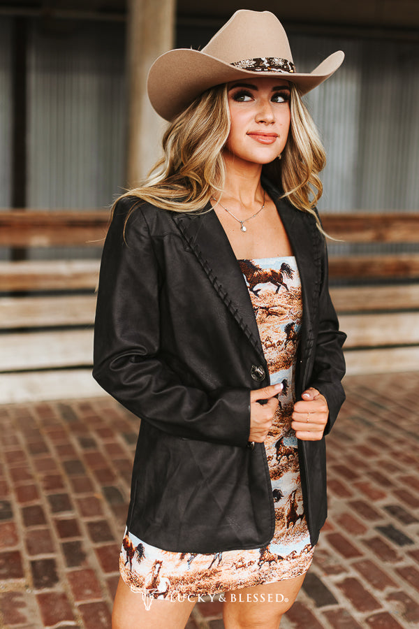 Lucky & Blessed zwarte leren blazer met textuur en handgestikte western-schouderpas