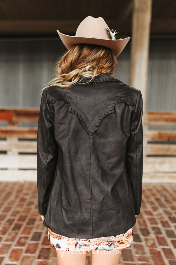 Lucky & Blessed zwarte leren blazer met textuur en handgestikte western-schouderpas
