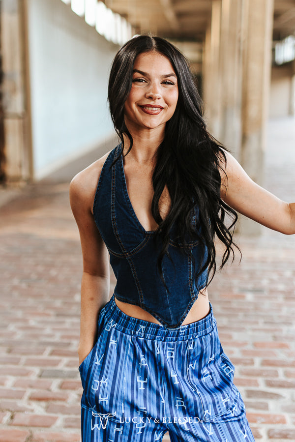 Lucky & Blessed Donkergewassen Stretch Denim Haltercorset Top
