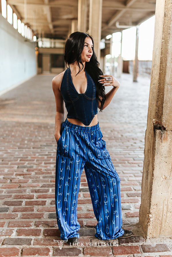 Lucky & Blessed Donkergewassen Stretch Denim Haltercorset Top