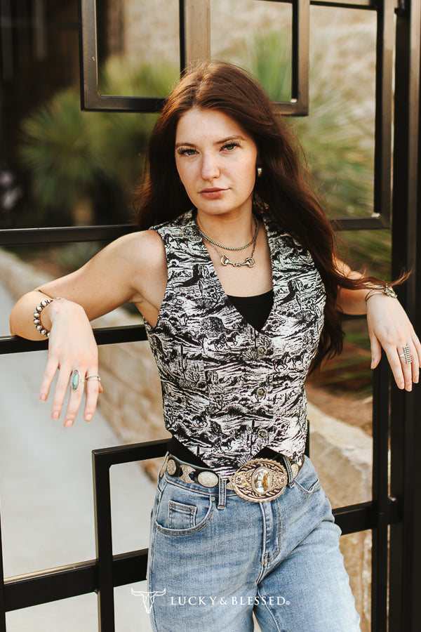 Lucky & Blessed Jacquard Zwart-Wit Paarden Corsettop met Knoopsluiting
