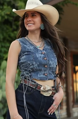 Lucky & Blessed donkergewassen laser western vest met concho-details en knoopsluiting